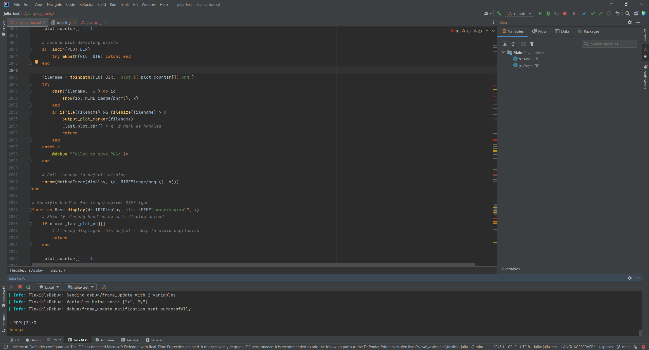 A screenshot of a JetBrains IDE showing Julia code with syntax highlighting and intelligent code completion